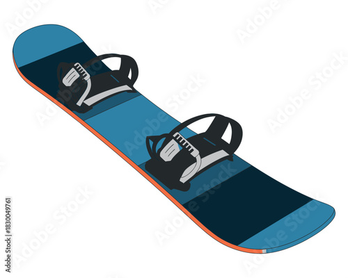 A blue and dark blue snowboard with black bindings is isolated on a white background.