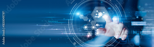 Businessman touching the API gateway and integration panel. Connected services, data exchange, secure endpoints and seamless digital workflows.