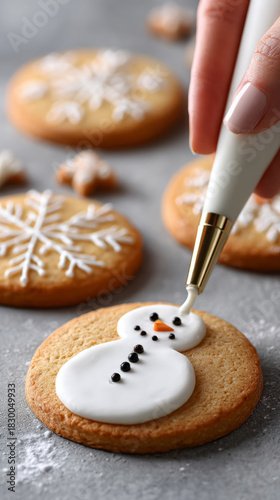 Decorating holiday snowman cookie with royal icing for christmas festive baking