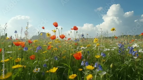 Wildflower meadow with blue sky.