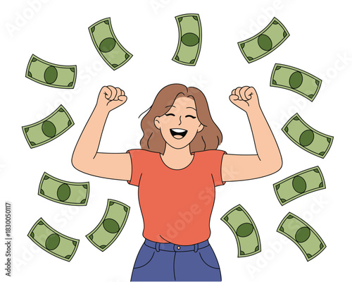 A happy person celebrates with money raining down around them.