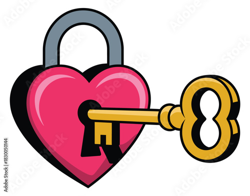 A golden key unlocks a pink heart-shaped padlock, symbolizing love.