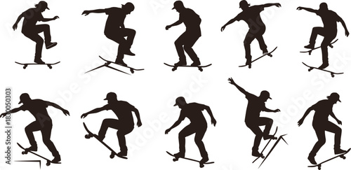 Skateboarder silhouette illustration set, trick sequence poses, urban sport icons, motion vector bundle, graphic skateboarding design pack