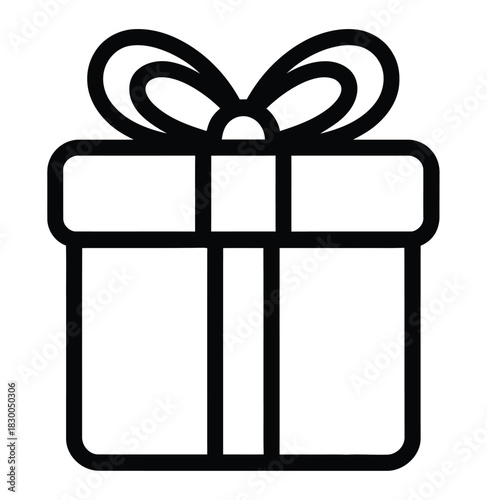 A line art illustration of a gift box with a ribbon and bow.