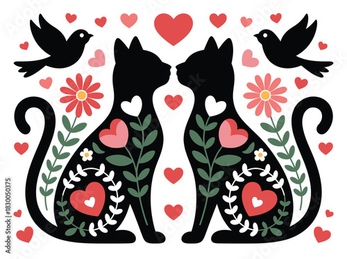 Two black cats with hearts and flowers symbolize love and companionship.