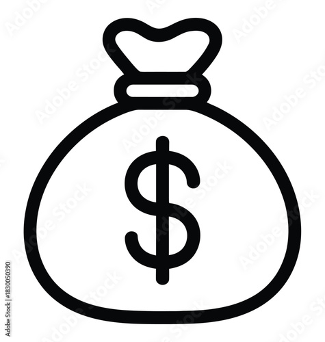 A simple line drawing of a money bag with a dollar sign indicates financial gain or wealth.