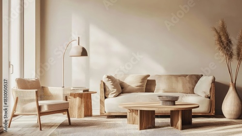 Minimalist warm living room with wooden furniture, beige sofa, natural textures and soft sunlight, idea for interior design presentations and modern home decor visuals