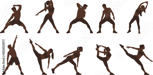 Stretching exercise silhouette set, dynamic flexibility poses, warm-up cool-down motion icons, vector bundle, graphic fitness design pack