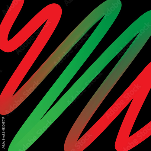 Bright abstract background with gradient green and red neon waves on a black background