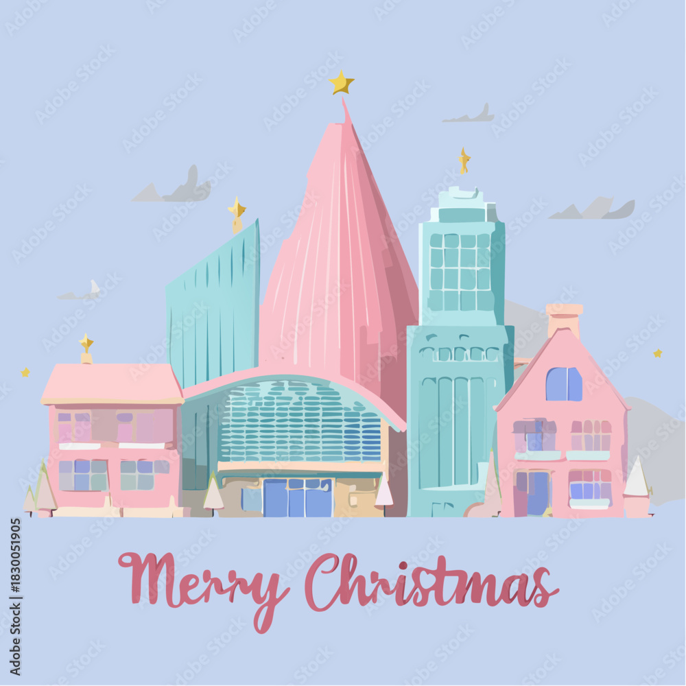 Naklejka premium pastel christmas cityscape with decorated tree and holiday houses