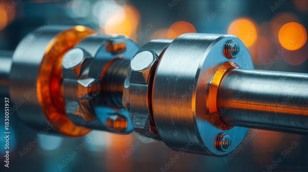 Obraz premium Detailed view of industrial metal shaft coupling with bolts and illuminated orange resin seals connecting rotating machinery components in a factory setting