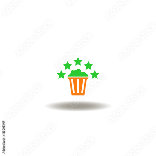 Vector illustration of popcorn glass and five stars. Symbol of movie session assesment. Icon of cinema feedback. Sign of online film service evaluation.