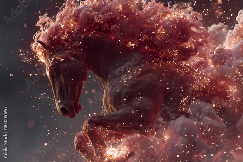 Blazing red fantasy horse emerging from swirling smoke and glowing sparks, dramatic mystical creature symbolizing the Year of the Fire Horse in radiant celestial motion