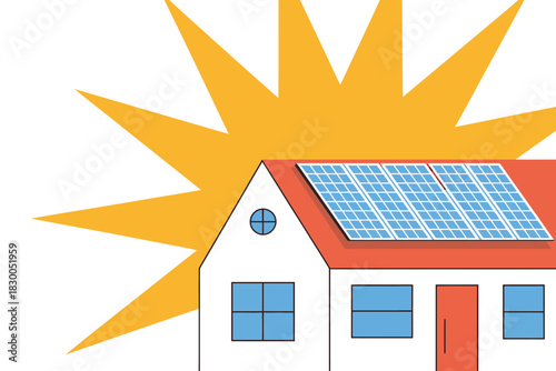 Modern house with solar panels on roof bathed in bright sunlight.