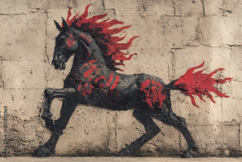 Black and red street art horse painted on a textured concrete wall, bold graffiti illustration symbolizing the Year of the Fire Horse with fiery mane and dynamic urban style