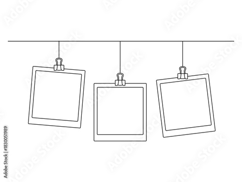 Single continuous line drawing of photographs hanging on a rope. Polaroid photo frames. Flat vector isolated on white background.