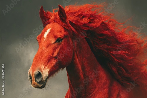 Fiery red horse with wind-blown mane against a stormy sky, vivid detailed illustration reflecting the power and spirit of the Year of the Fire Horse in dynamic warm tones