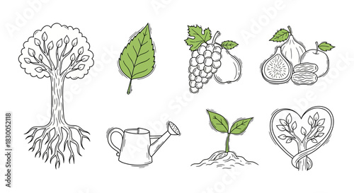 Eco-friendly nature elements with trees, leaves, and fruits in sketch style