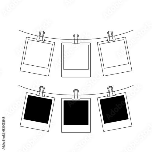 Single continuous line drawing of photographs hanging on a rope. Polaroid photo frames. Flat vector isolated on white background.