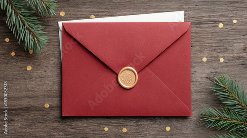 Elegant red envelope with wax seal on wooden table for special occasions