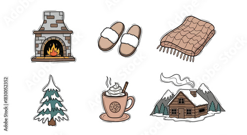Cozy winter elements: fireplace, slippers, hot cocoa, and more