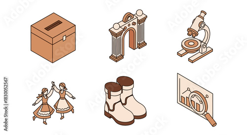 Isometric objects collection: voting box, arch, microscope, dancing pair, boots, chart