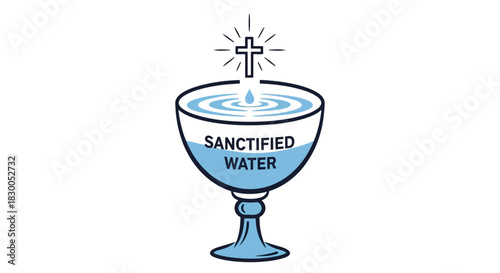 Sacred chalice with sanctified water and cross symbol in simple blue illustration