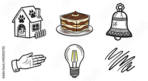 Charming doodles of delightful objects in black and white with bold accents