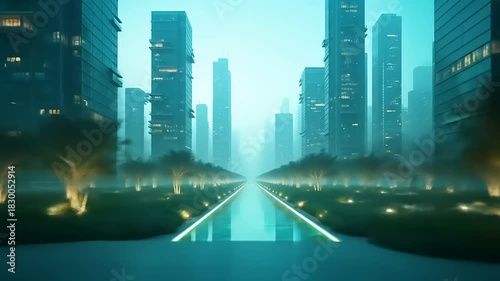 Futuristic city with reflecting canal.