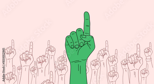 Unique green hand raising above others in crowd