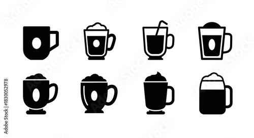 Minimalist coffee and beer mug icons set in silhouette style