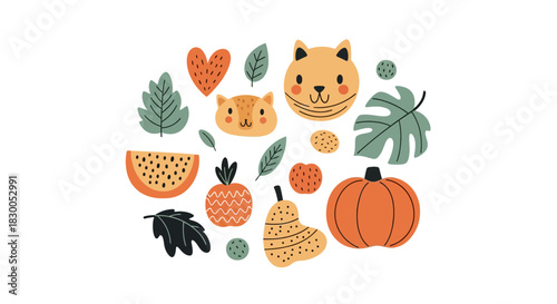 Cute autumn pattern with cats, leaves, and harvest elements in modern flat style
