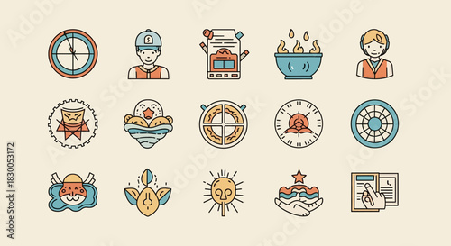 Vintage linear icons collection featuring food, travel, and communication themes