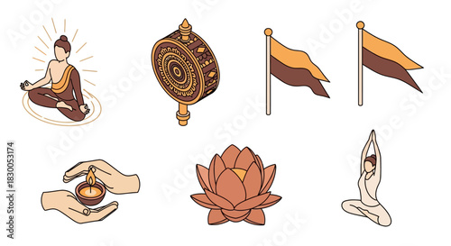 Spiritual icons: meditation, prayer wheel, flags, lotus, and yoga poses in line art style