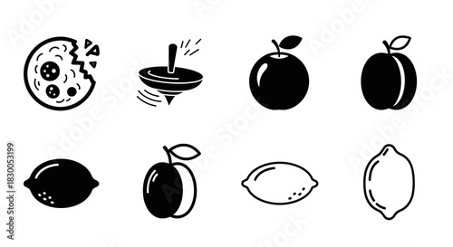Minimalist black and white icons: fruits and spinning toy silhouettes