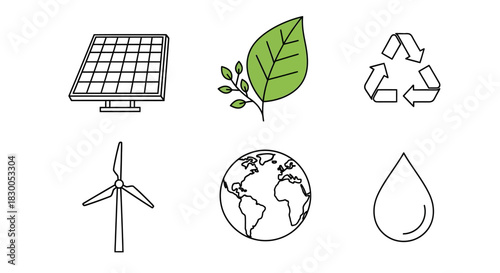 Eco-friendly icons: solar, wind, recycling, earth, water, and nature leaf symbols