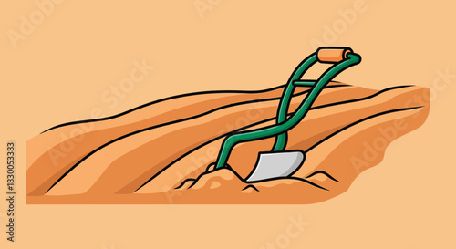 Colorful gardening tool on freshly tilled soil with minimalist background