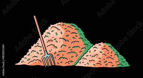 Vibrant cartoon compost pile with garden fork on black background