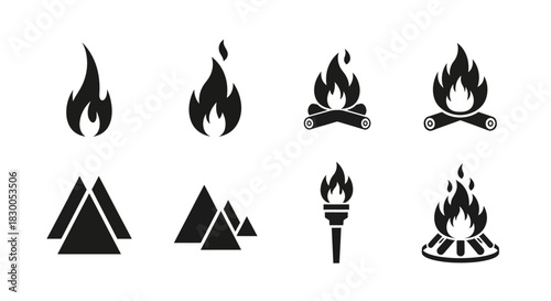 Set of fire icons: campfire, torch, flame in simple black silhouette style