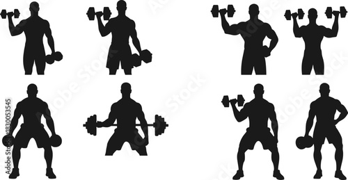 Weightlifting silhouette set, dumbbell barbell strength poses, bodybuilding motion icons, vector bundle, graphic fitness workout design pack