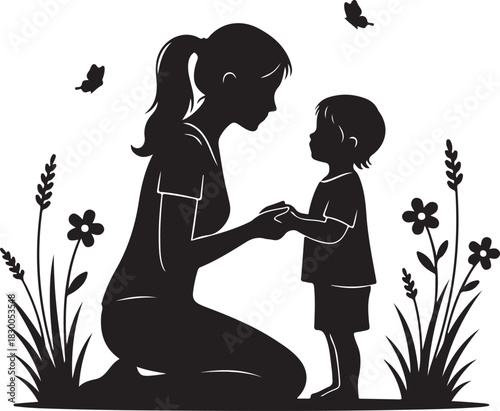 Mother and child silhouette in a garden with butterflies, symbolizing love, care, and family bond. ideal for parenting designs.