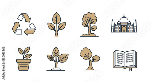 Eco-friendly icons featuring nature, trees, recycling, and architecture