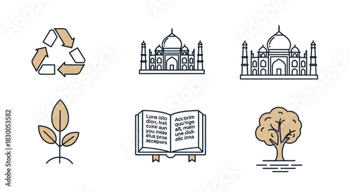 Eco-friendly icons featuring famous landmarks, nature, and recycling