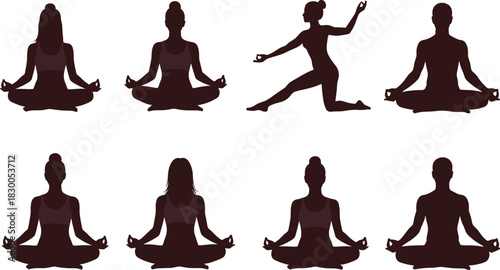 Yoga meditation silhouette set, seated mudra and standing balance poses, wellness motion icons, vector bundle, graphic design pack
