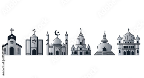Monochrome religious building icons: church, synagogue, mosque, temple, pagoda