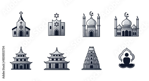 Diverse religious buildings in monochrome icon set