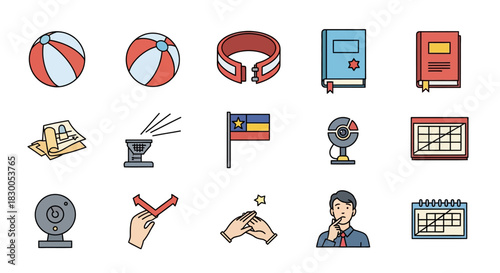 Colorful outline icons: sports, books, technology, and more