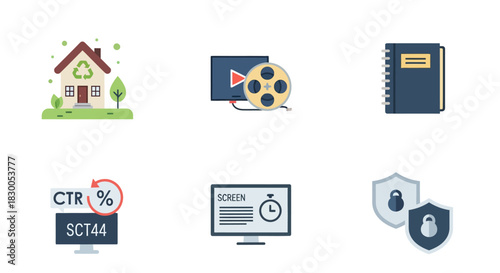 Eco house, movie reel, notebook, analytics, monitor, security icons in flat style
