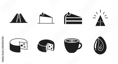 Minimalist food icons: cake, cheese, coffee, and pie in black and white