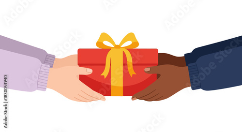 Diverse hands exchanging gift box with ribbon in minimalist style